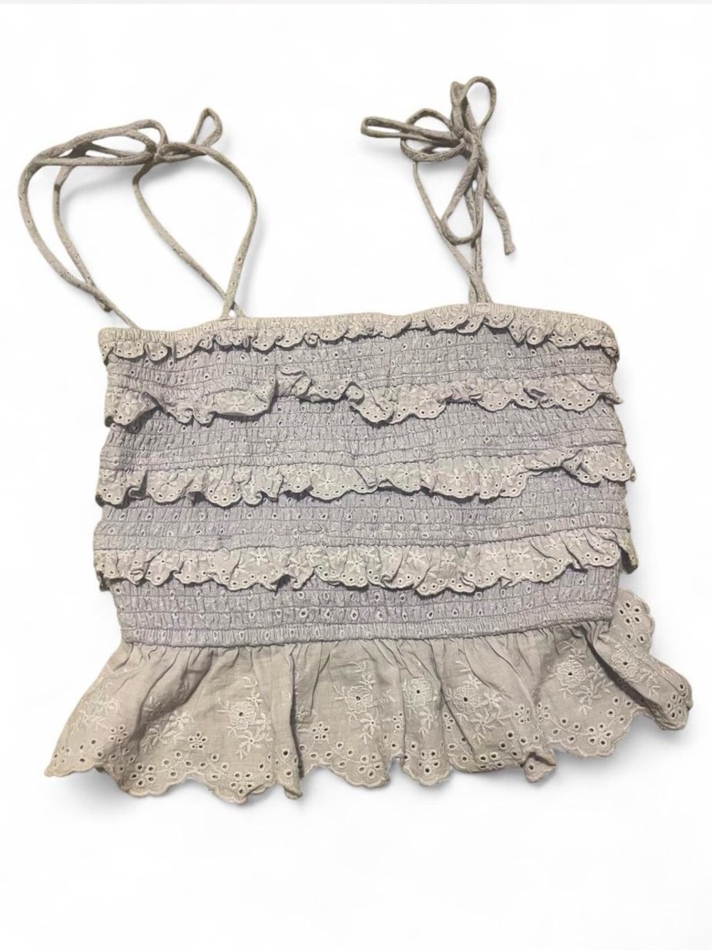 Storia Taupe Eyelet‎ Smocked Ruffle Crop Top dollycore